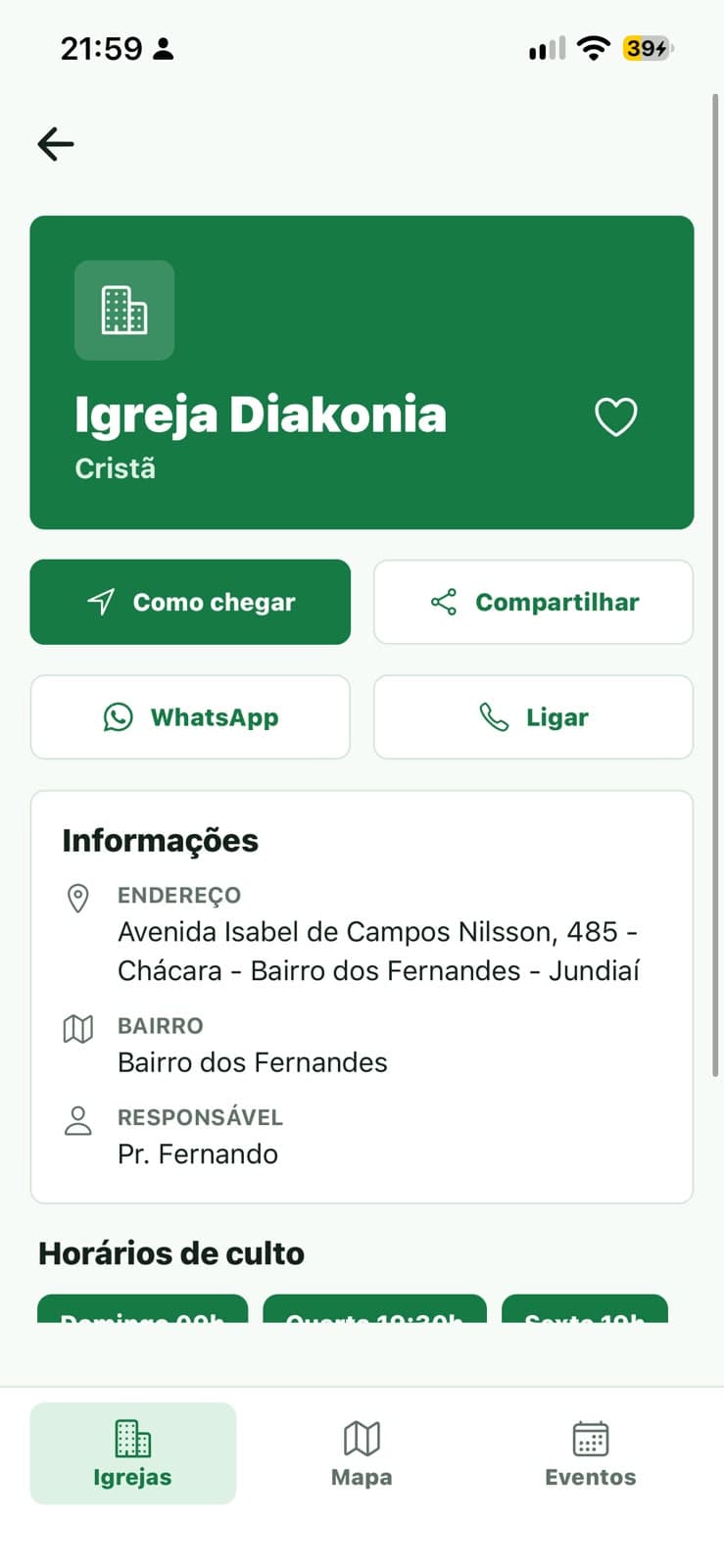 App Encontre Igrejas — detalles de una iglesia, con dirección y horarios de culto