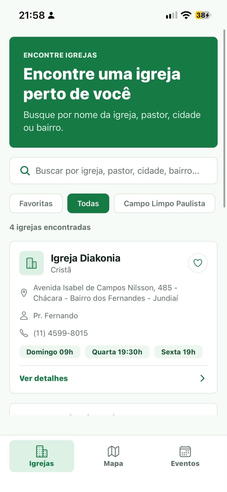 App Encontre Igrejas — lista de iglesias encontradas en la búsqueda