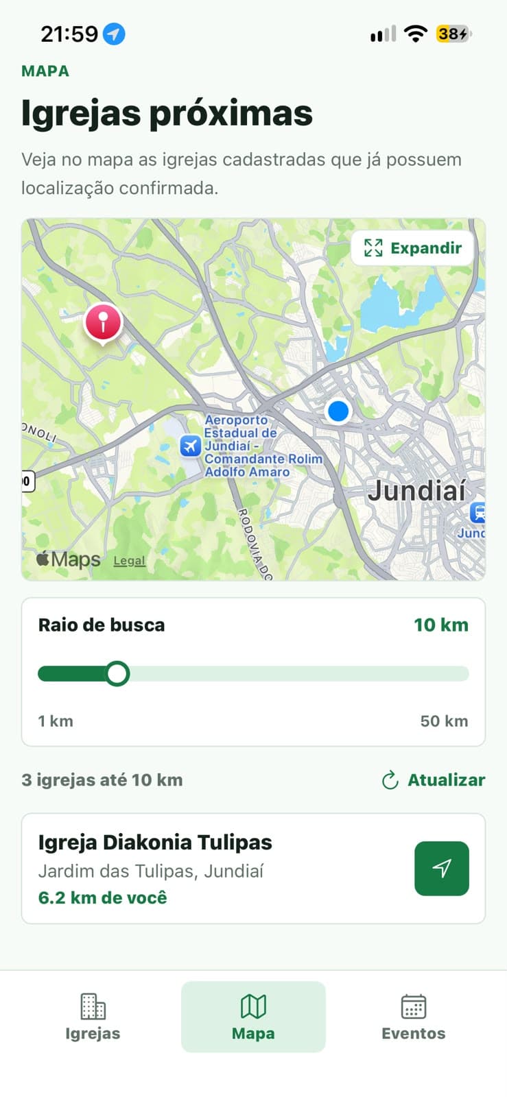 App Encontre Igrejas — mapa con iglesias cercanas